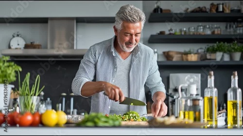 A man preparing fresh vegetables in a well-lit kitchen. The man is focused on the task, indicating culinary skills and passion for cooking. The kitchen setting emphasizes health, lifestyle and home