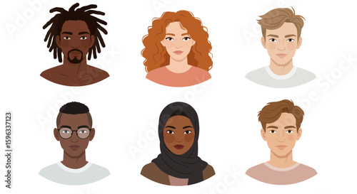 Diverse Cultural Faces and Hairstyles Illustration Set