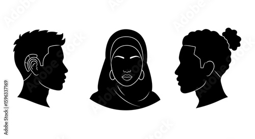 Modern Diverse Group of Avatars in Black Silhouette