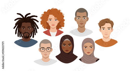 Multi-Ethnic Characters with Unique Facial Features Flat Design