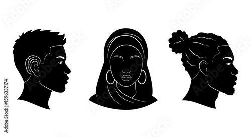 Diverse Head Profiles and Hairstyles Silhouettes Vector Set