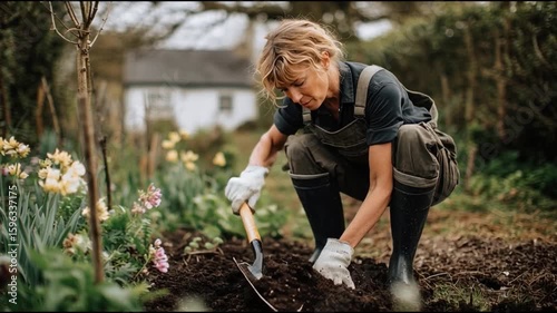 A woman gardening, focused on tending to the earth with a trowel in hand