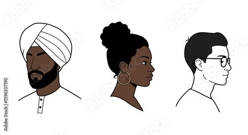 Diverse Cultural Head Profiles Line Art Set