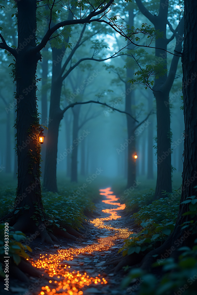 Fototapeta premium A path illuminated by glowing lights winds through a misty forest, creating a magical and enchanting atmosphere.
