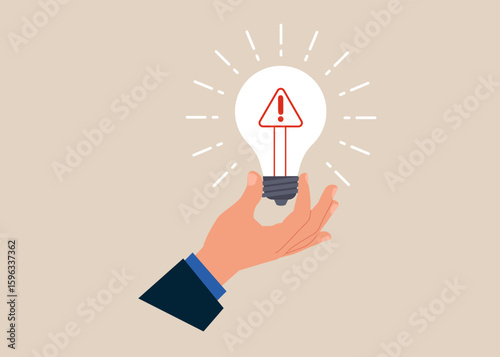 Hand hold brightly lit exclamation attention sign lightbulb. Incident management, root cause analysis or solving problem, identify risk or critical failure concept. Modern flat vector illustration