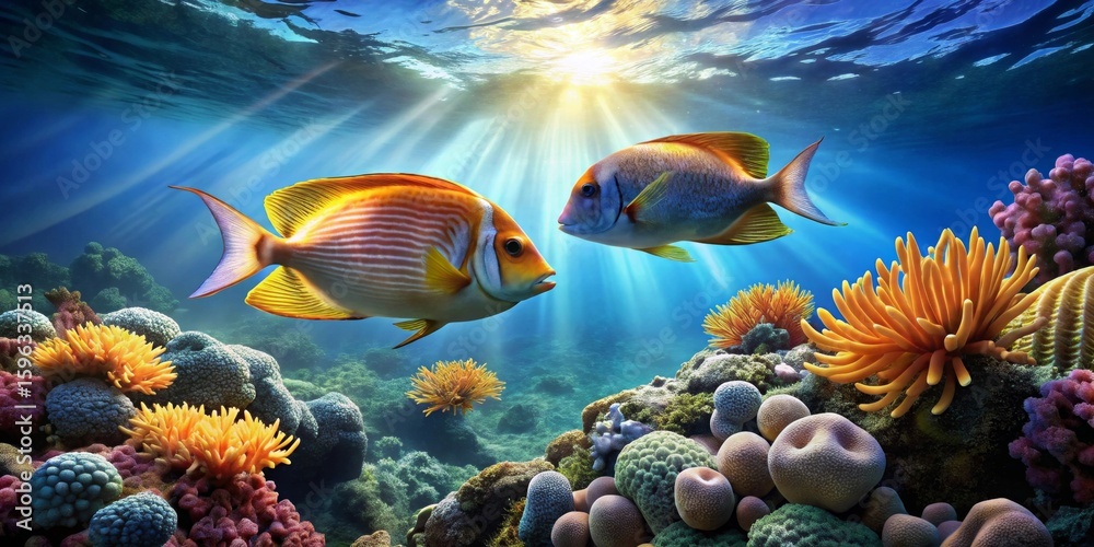 Fototapeta premium Oceanic Serenity Two Vibrant Reef Fish Gracefully Interact Amidst a Lush Coral Ecosystem Bathed in Sunlit Water