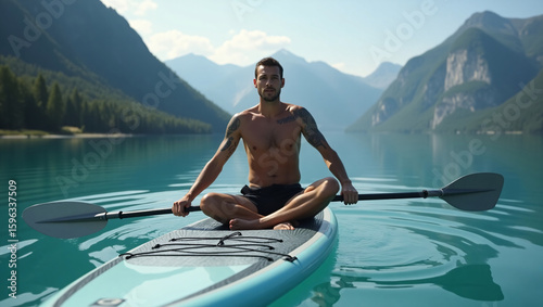 A shirtless, tattooed man sits cross legged on a paddleboard in a lake, with mountains in the background.