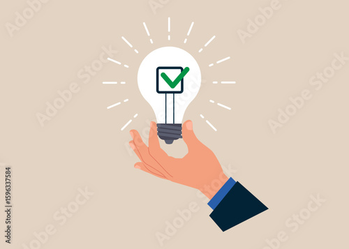 Hand hold brightly lit completed checkbox lightbulb. Leadership skill. Agreement to deliver, leadership skill or trust on work responsibility. Modern flat vector illustration