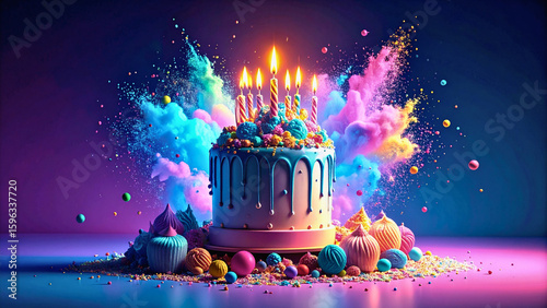 Celebratory birthday cake with candles surrounded by colorful powder explosions and candies