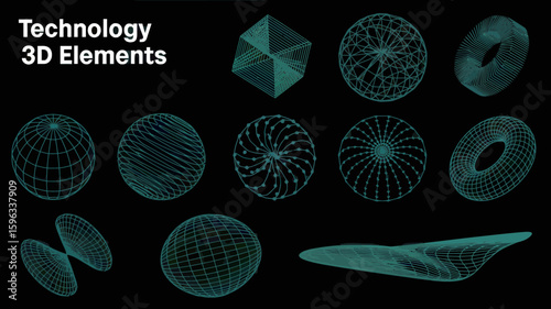 Illustration of various wireframe geometric shapes in teal on a black background showing technology elements