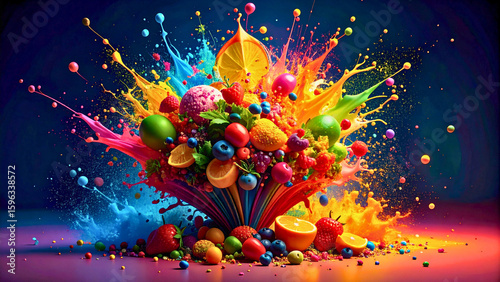 Colorful fruit explosion with splashes and vibrant hues against a dark background