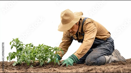 A farmer tending to plants in a garden, showcasing the nurturing aspect of agriculture