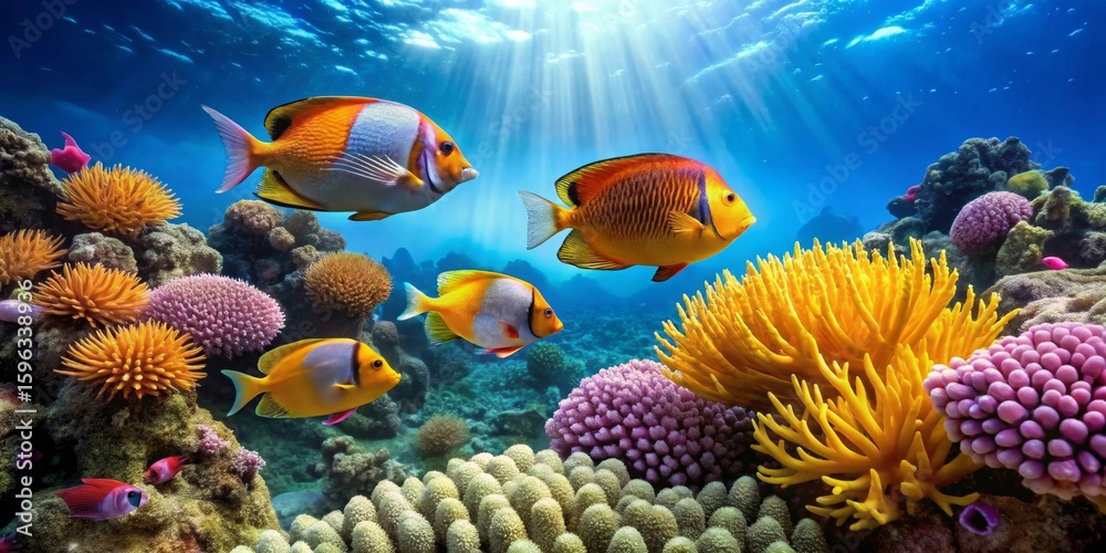 Naklejka premium Vibrant Reef Scene Featuring Colorful Fish and Coral Formations in a Sunlit Underwater Paradise