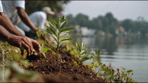People carefully planting a young seedling, with a lake view in the background, highlighting the importance of environmental conservation. The scene emphasizes teamwork, nature.