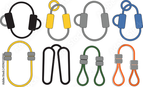 Colorful plastic cord stopper toggle designs, cad technical drawing vector set for apparel accessories, garment fastener parts, fashion supply illustration