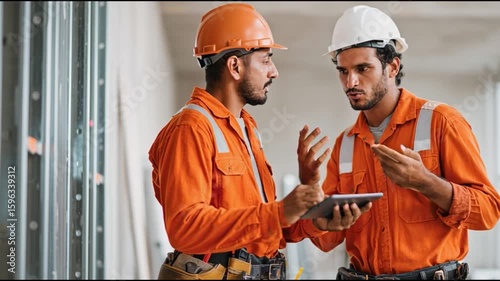 Two construction workers are deeply focused on a tablet, engaged in a discussion. One is pointing, while the other seems to be listening intently