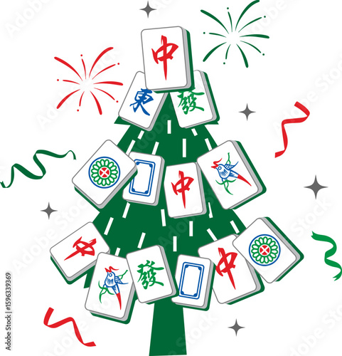Christmas tree decorated with Mahjong tiles, gifts, and festive elements in a fun and unique holiday style. Perfect for Christmas cards, t-shirts, mugs, posters, and party decorations. Vector EPS 