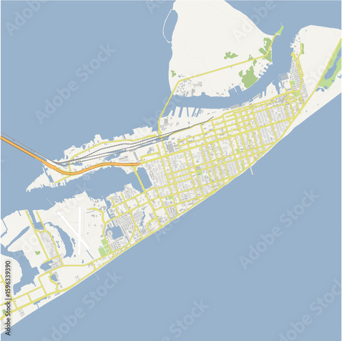 Map of Galveston in Texas in a normal road map style. Contains layered vector with roads water, parks, etc.