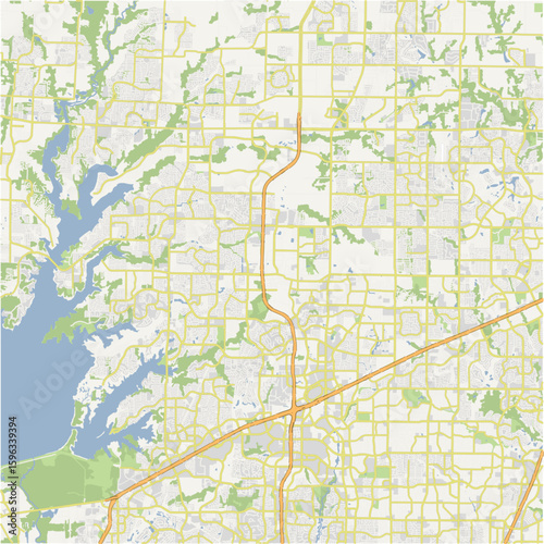 Map of Frisco in Texas in a normal road map style. Contains layered vector with roads water, parks, etc.
