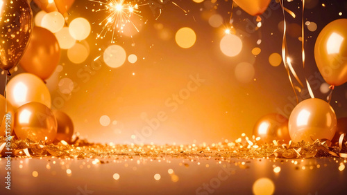 Celebration with gold balloons, confetti, and sparkling fireworks on an orange background