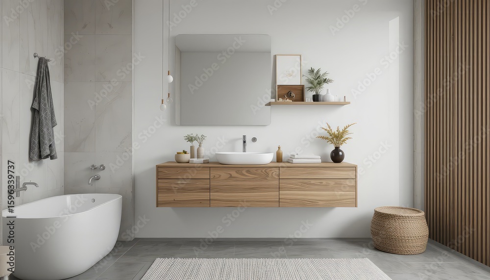 Fototapeta premium Modern wooden bathroom vanity with round mirror and natural sunlight in minimal stylish interior design