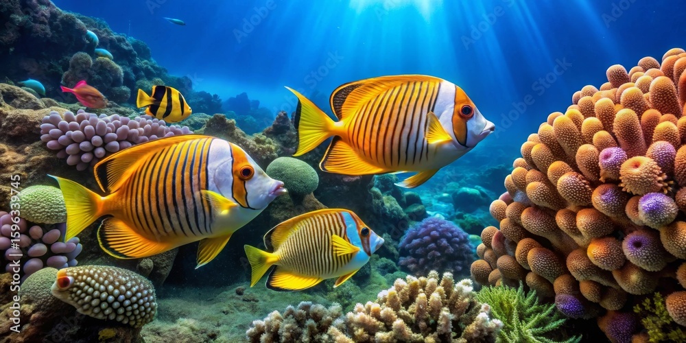 Fototapeta premium Vibrant Reef Fish Swimming Amidst Colorful Coral Structures in a Sunlit Underwater Scene