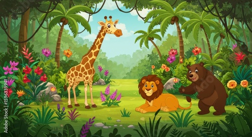 Cartoon Animals in Jungle Illustration with Giraffe Lion and Bear