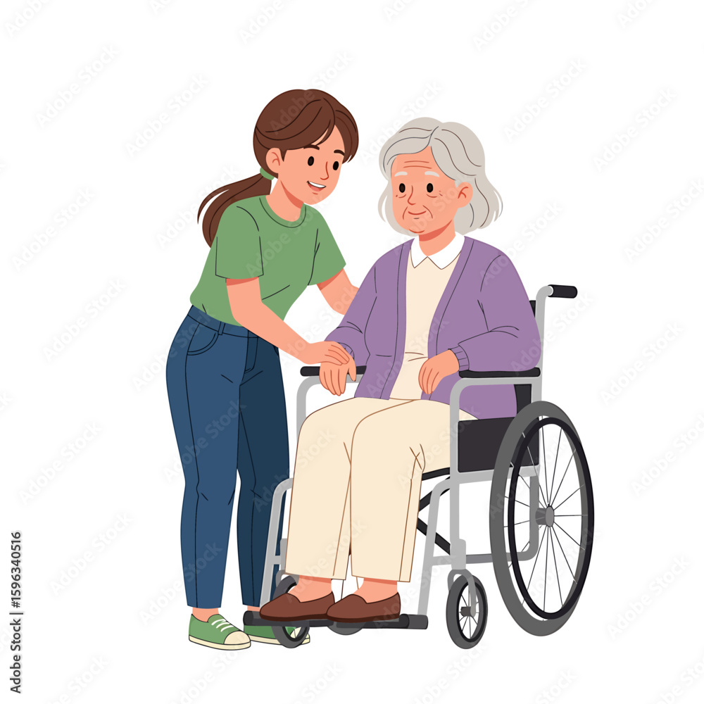 A young woman assists an elderly woman in a wheelchair, offering support and companionship in a caring gesture. A young woman assists an elderly woman in a wheelchair, offering support and companionship in a caring gesture.