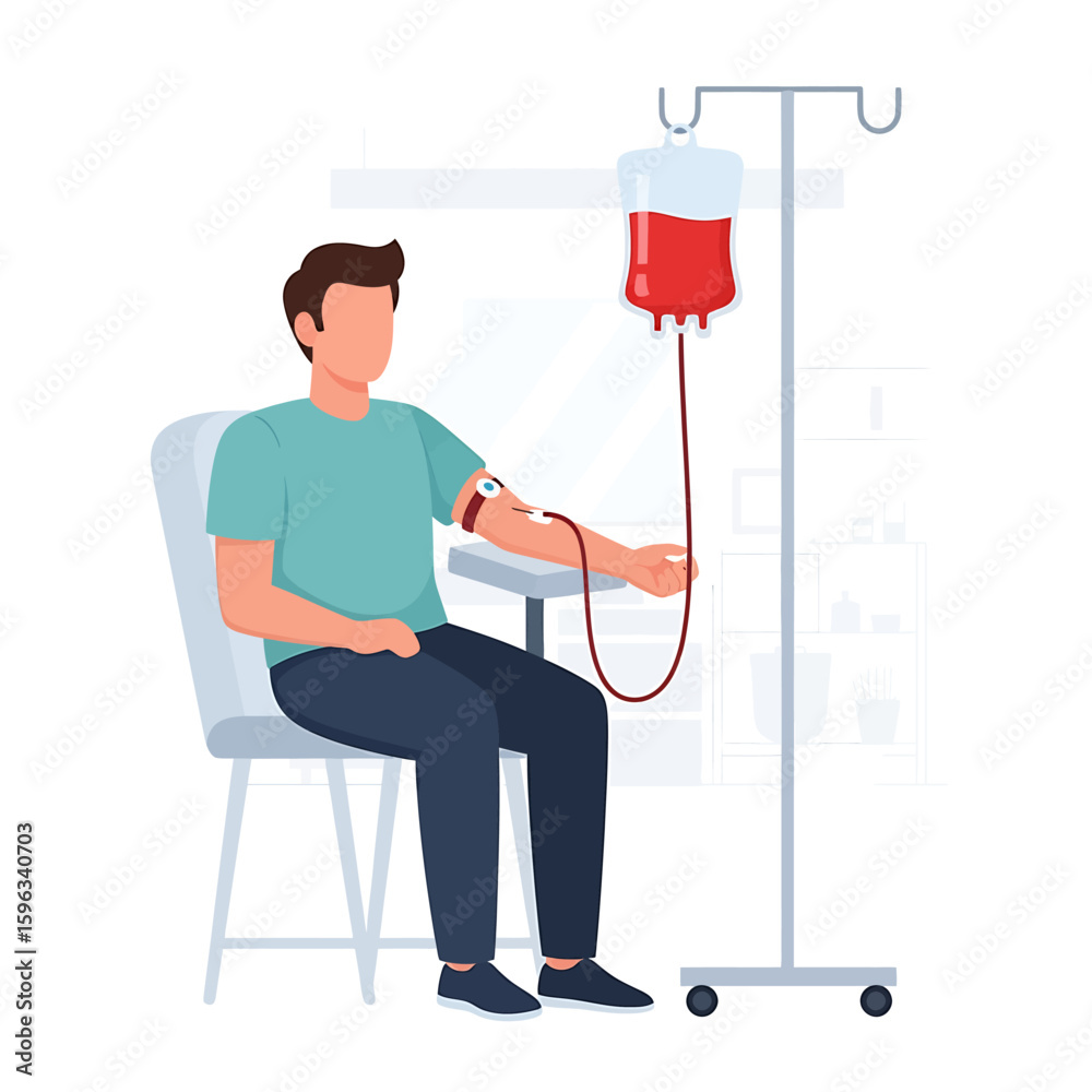 Fototapeta premium Man sitting in a chair donating blood, with a blood bag hanging from a stand, in a medical setting.