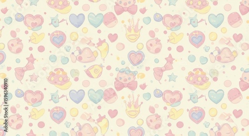 Pastel Pattern with Hearts, Crowns and Bows on Beige Background