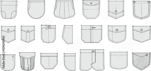Collection of fashion garment pocket CAD designs with stitching details, technical sketches, vector flat templates for sewing and clothing design
