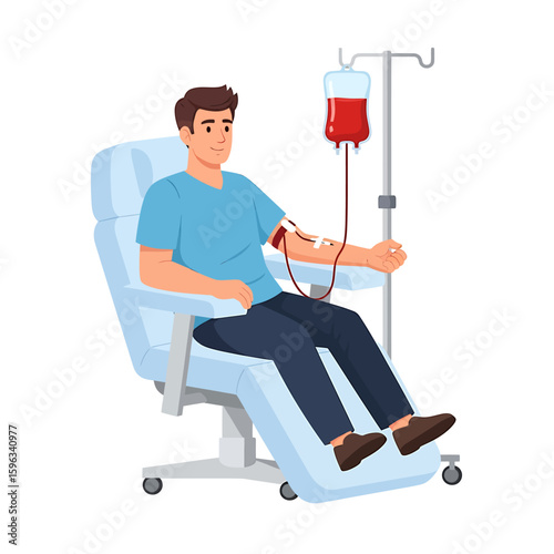 A man sits in a medical chair donating blood, with a blood bag hanging from a stand.