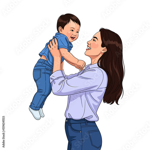 A cartoon illustration of a smiling mother holding her laughing baby son up in the air, both wearing blue clothing.