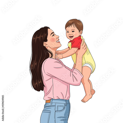 A smiling mother holds her happy baby up in the air, both looking at each other with joy and affection.