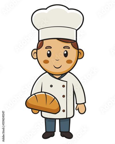 Cartoon baker holding bread loaf vector illustration for bakery chef and food industry design