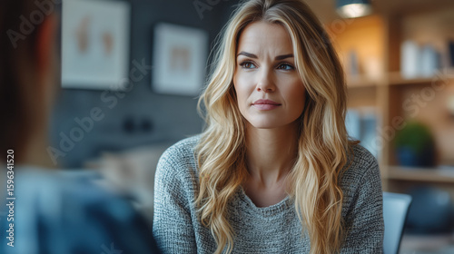 a female therapist gently listening to a patient during a calm therapy session in a cozy office