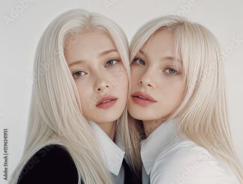 Retrato de dos jóvenes con cabello rubio platino, reflejadas en un espejo.