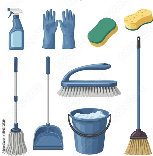 Collection of cleaning supplies and equipment illustration on transparent background