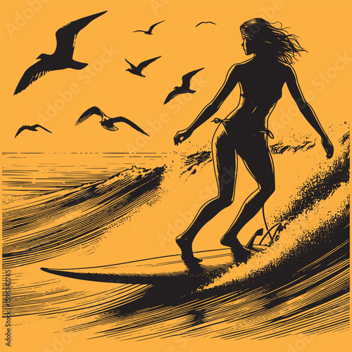 Silhouette sketch art of the surfer on an ocean wave in style grunge.