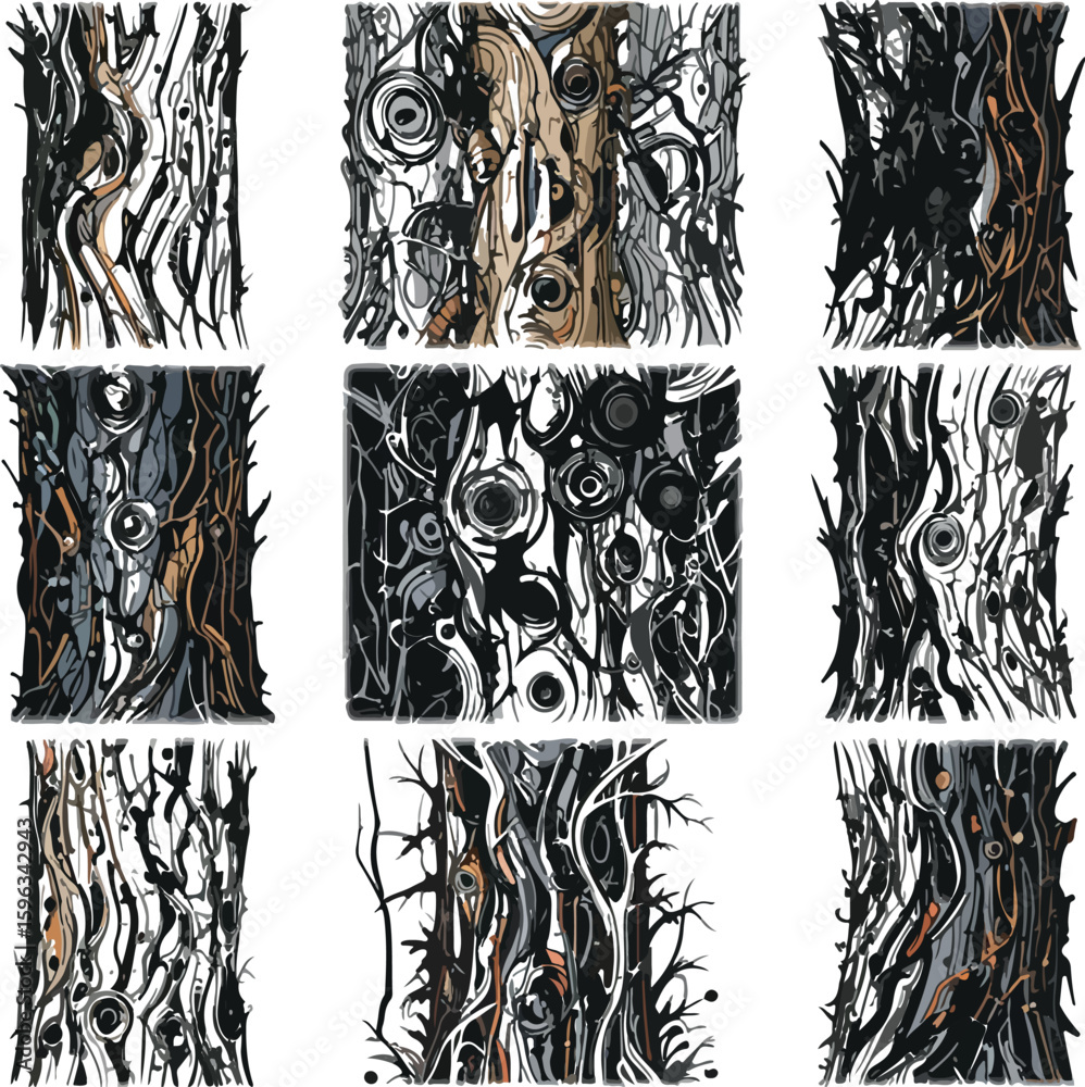 Nine Tree Bark Textures in a Graphic Style on transparent background graphic tree bark textures