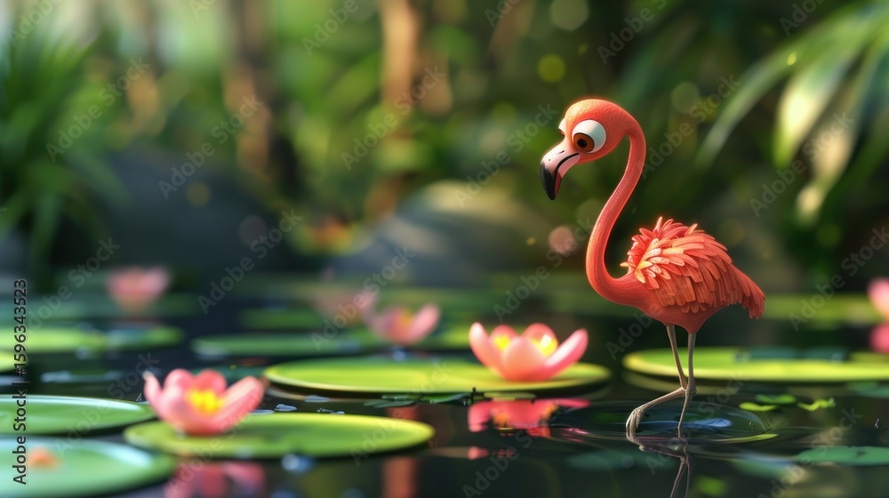 Fototapeta premium A cartoon pink flamingo stands in a pond with lily pads and pink flowers.