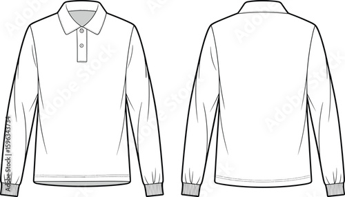 Flat vector CAD illustration of long sleeve polo shirt with ribbed hem, button placket, collar, front and back technical sketch