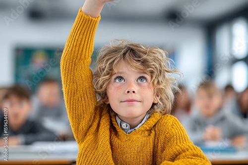 Young curious girl with curly blonde hair raising hand in classroom full of attentive students du lesson or activity