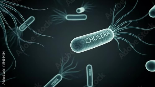 Animated Microscopic Rendering of Cholera Bacteria with Text Overlay on Dark Background