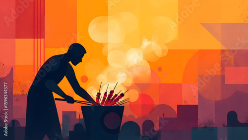  Street food festival: person grilling skewers, abstract art illustration