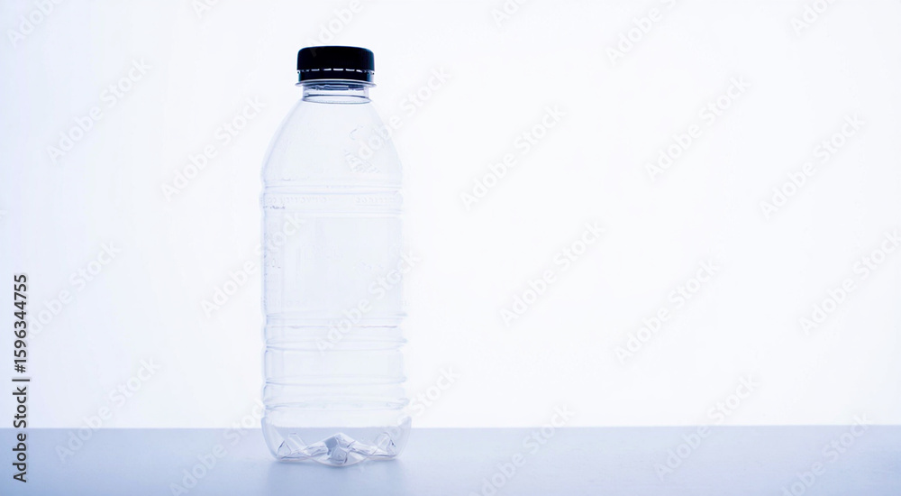 Fototapeta premium Clear plastic water bottle with black cap against a white background