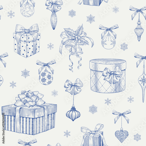 Christmas seamless pattern with gift boxes toys bows bells snowflakes. Blue beige. Hand drawn engraved elements. Toile Vintage vector background for design package, paper, wrapping, decor new year
