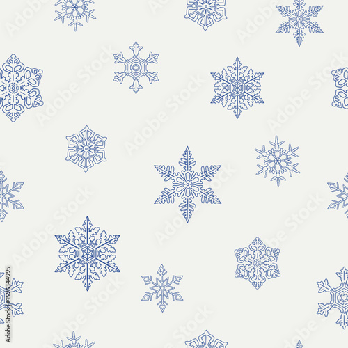 Christmas Vintage seamless pattern with snowflakes. Blue beige Hand drawn, linear elements. Monochrome toile vector background for design package, holiday, wrapping paper, decor new year, textiles
