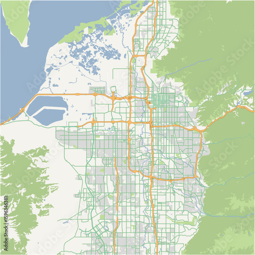Map of Salt Lake City Metro in Utah in a normal road map style. Contains layered vector with roads water, parks, etc.