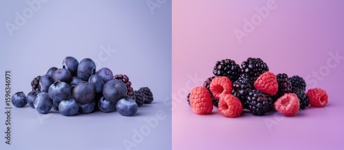 Pile of blueberries on left and blackberries with raspberries on right against blue and purple backgrounds.